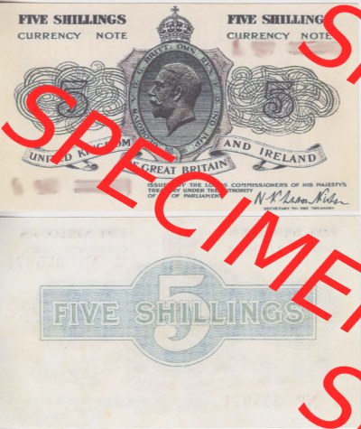 Banknoten England 1919-1919, 5 Schilling - Five Shillings. Vorderseite und Rückseite auf einen Digitalen Bild der Banknoten von... Sammlung