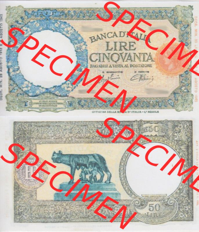 Banknoten Italien 1943-1943, Lire Cinquanta, 50 Lire. Vorderseite und Rückseite auf einen Digitalen Bild der Banknoten von Italien 1942-1943, Banknoten aus Satz der Banknoten... Sammlung