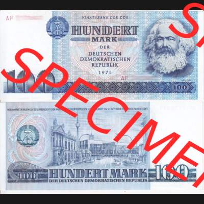 Banknote DDR 1975, 100 Mark. Vorderseite und Rückseite auf einen Digitalen Bild der DDR-Banknoten aus Komplettsatz der DDR-Banknoten im online Katalog auf EMBMV zum katalogisieren und... Sammlung