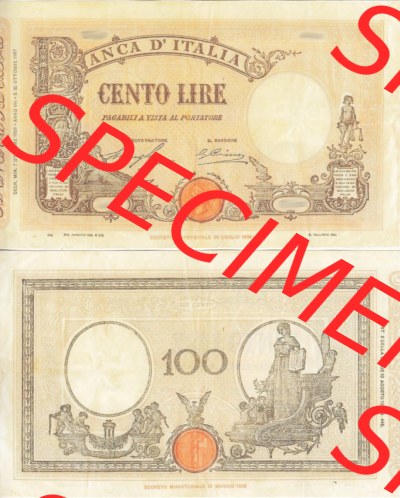 Banknoten Italien 1927-1930, Cento 100 Lire I.. Vorderseite und Rückseite auf einen Digitalen Bild der Banknoten von Italien... Sammlung