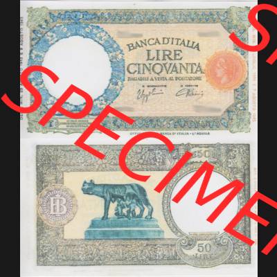 Banknoten Italien 1943-1943, Lire Cinquanta, 50 Lire. Vorderseite und Rückseite auf einen Digitalen Bild der Banknoten von Italien 1942-1943, Banknoten aus Satz der Banknoten... Sammlung