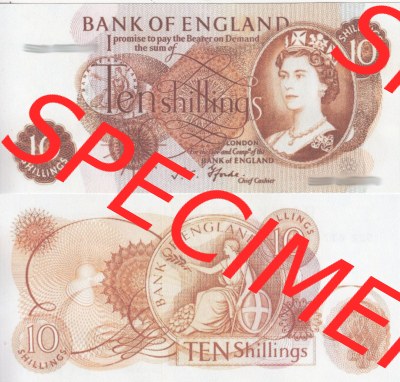 Banknoten England 1961-1971, 10 Schilling - Ten Shillings. Vorderseite und Rückseite auf einen Digitalen Bild der Banknoten von... Sammlung