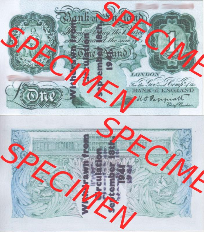 Banknoten England 1928-1948, 1 Pfund, One Pound. Vorderseite und Rückseite auf einen Digitalen Bild der Banknoten von England 1917-1948, Banknoten aus Satz der Englischen... Sammlung