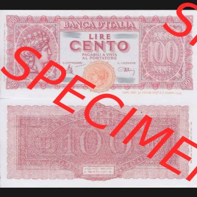 Banknoten Italien 1944-1946, 100 Lire. Vorderseite und Rückseite auf einen Digitalen Bild der Banknoten von Italien 1944, Banknoten aus Satz der Banknoten 1944 aus Italien im online... Sammlung