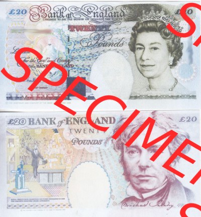 Banknoten England 1991-1993, II. 20 Pfund - Twenty Pounds. Vorderseite und Rückseite auf einen Digitalen Bild der Banknoten von... Sammlung