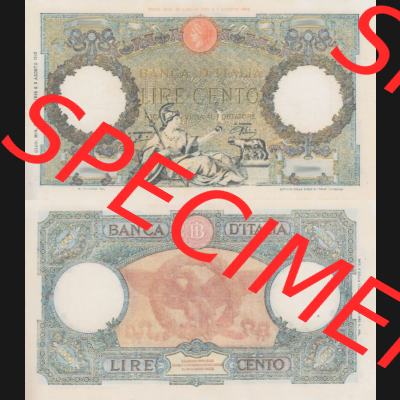 Banknoten Italien 1943-1943, Lire Cento, 100 Lire. Vorderseite und Rückseite auf einen Digitalen Bild der Banknoten von Italien 1942-1943, Banknoten aus Satz der Banknoten... Sammlung