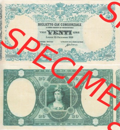 Banknoten Italien 1881-1881, 20 Lire. Vorderseite und Rückseite auf einen Digitalen Bild der Banknoten von Italien 1881, Banknoten... Sammlung