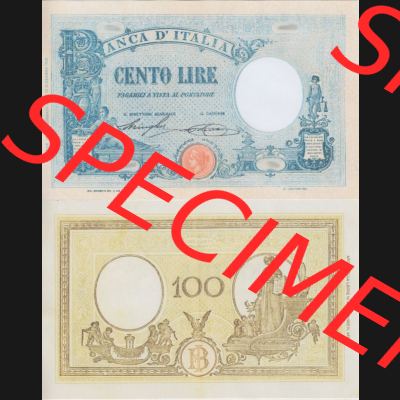 Banknoten Italien 1943-1943, Lire Cento, 100 Lire. Vorderseite und Rückseite auf einen Digitalen Bild der Banknoten von Italien 1942-1943, Banknoten aus Satz der Banknoten... Sammlung