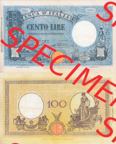 Banknoten Italien 1927-1930, Cento 100 Lire III.. Vorderseite und Rückseite auf einen Digitalen Bild der Banknoten von Italien... Sammlung