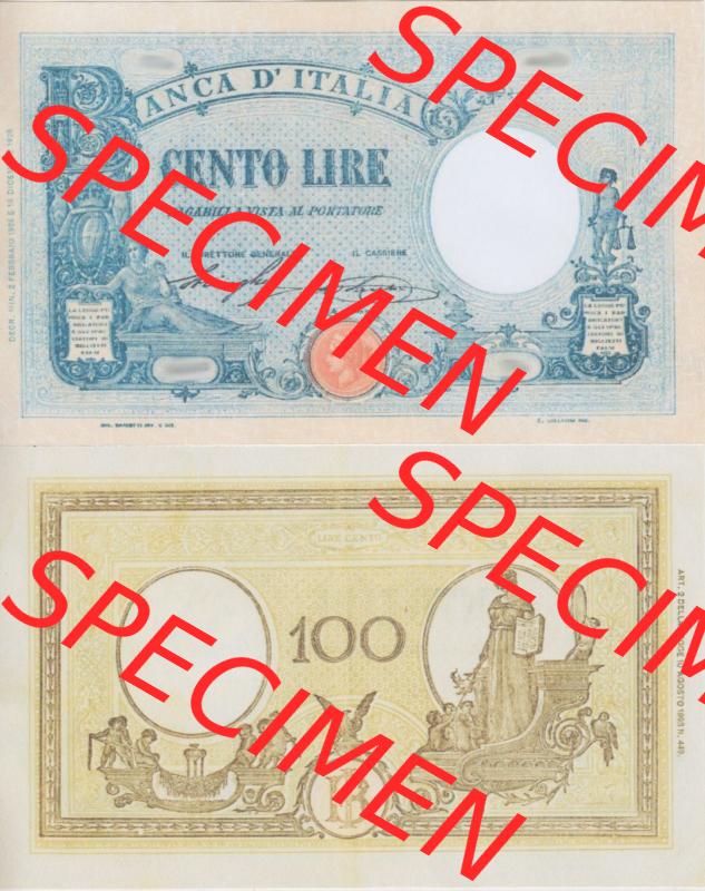 Banknoten Italien 1943-1943, Lire Cento, 100 Lire. Vorderseite und Rückseite auf einen Digitalen Bild der Banknoten von Italien 1942-1943, Banknoten aus Satz der Banknoten... Sammlung