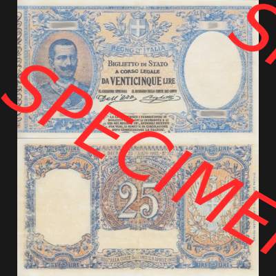 Banknoten Italien 1902-1902, 25 Lire. Vorderseite und Rückseite auf einen Digitalen Bild der Banknoten von Italien 1882-1925, Banknoten aus Satz der Banknoten 1882-1925 aus Italien... Sammlung