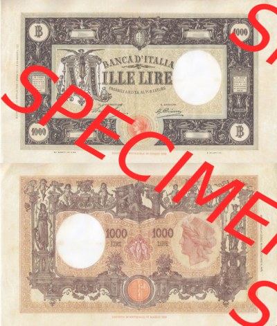 Banknoten Italien 1926-1932, Mille, 1000 Lire. Vorderseite und Rückseite auf einen Digitalen Bild der Banknoten von Italien 1926-1942,... Sammlung