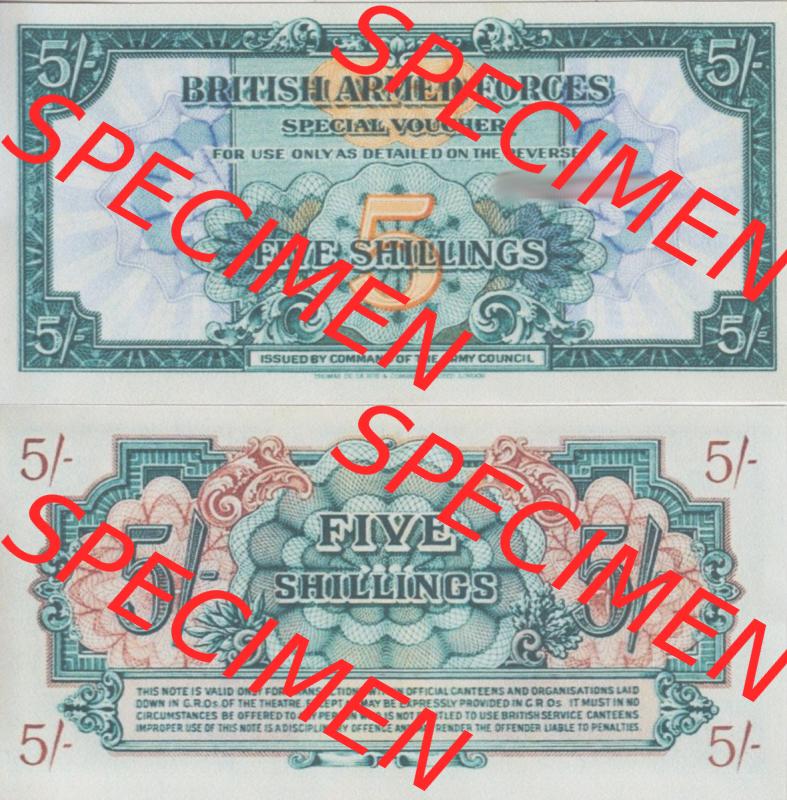 Banknoten Britisches Militär 1946-1946, 5 Schilling - Five Shillings. Vorderseite und Rückseite auf einen Digitalen Bild der Banknoten vom Britisches Militär 1946. Banknoten... Sammlung