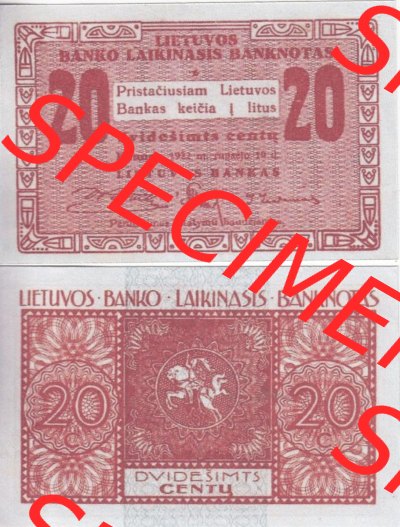 Banknoten Litauen 1922-1922, 20 dvidesimts centu. Vorderseite und Rückseite auf einen Digitalen Bild der Banknoten von Litauen... Sammlung
