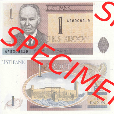 Banknoten Estland 1992, 1 Krone. Vorderseite und Rückseite auf einen Digitalen Bild der Banknoten von Estland 1991-1992, Banknoten... Sammlung