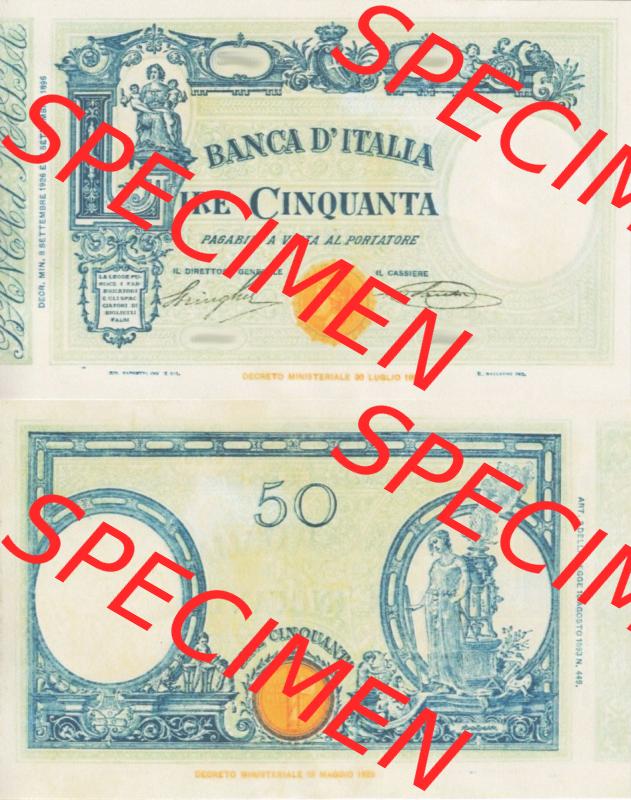 Banknoten Italien 1926-1935, IRE Cinquanta, 50 Lire. Vorderseite und Rückseite auf einen Digitalen Bild der Banknoten von Italien 1926-1942, Banknoten aus Satz der Banknoten... Sammlung