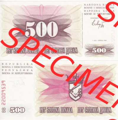 Banknoten Bosnien und Herzegowina 1992, 500 Dinara Pet Stotina. Vorderseite und Rückseite auf einen Digitalen Bild der Bosnien... Sammlung