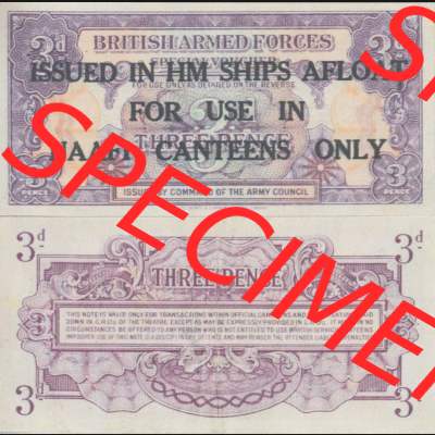 Banknoten Britisches Militär 1946-1946, 3 Three Pence I.. Vorderseite und Rückseite auf einen Digitalen Bild der Banknoten vom Britisches Militär 1946. Banknoten... Sammlung