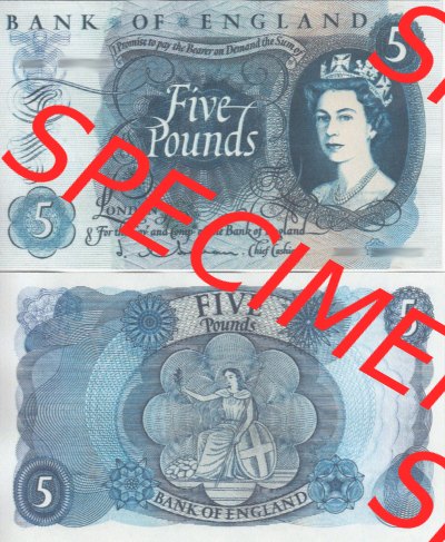 Banknoten England 1963-1971, 5 Pfund - Five Pounds. Vorderseite und Rückseite auf einen Digitalen Bild der Banknoten von England... Sammlung