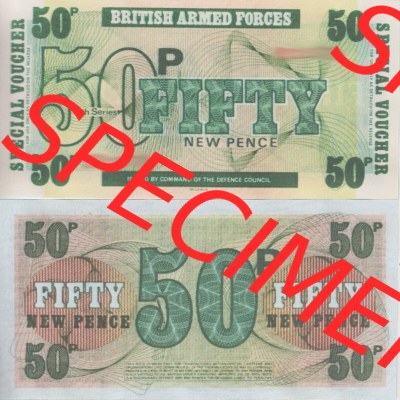 Banknoten Britisches Militär 1972-1972, 50 New Pence, BWC. Vorderseite und Rückseite auf einen Digitalen Bild der Banknoten... Sammlung