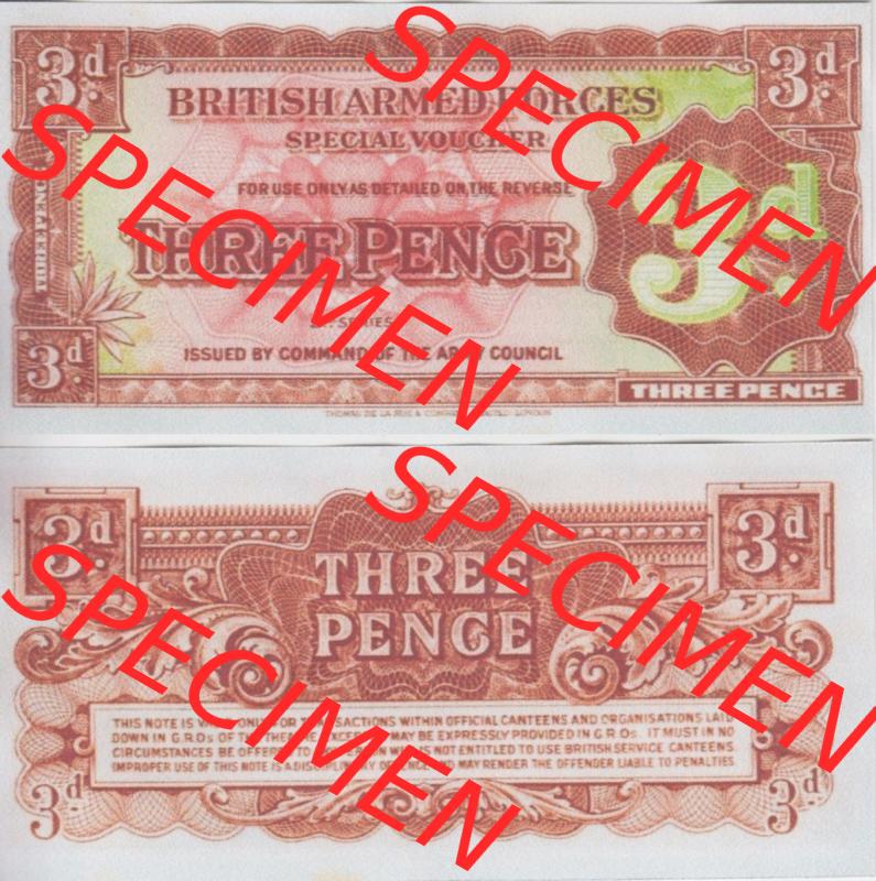 Banknoten Britisches Militär 1948-1948, 3 Three Pence 2. Serie. Vorderseite und Rückseite auf einen Digitalen Bild der Banknoten vom Britisches Militär 1948-1958.... Sammlung