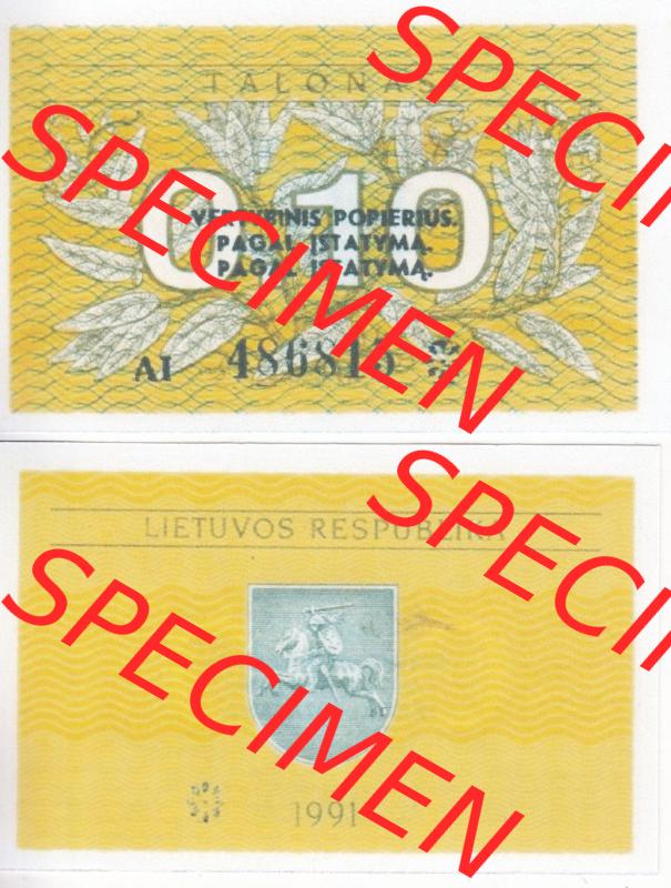 Banknoten Litauen 1991-1991, 0.10 Talonas. Vorderseite und Rückseite auf einen Digitalen Bild der Banknoten von Litauen 1991, Banknoten aus Satz der Banknoten 1991 aus Litauen... Sammlung