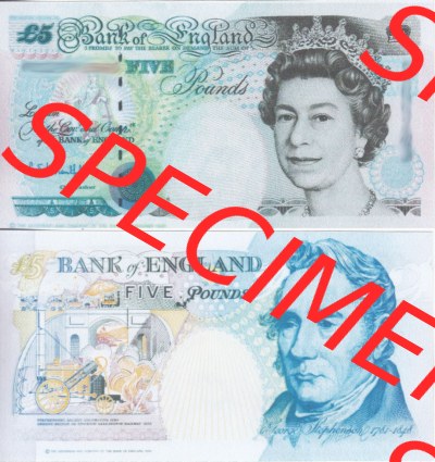 Banknoten England 1991-1998, 5 Pfund - Five Pounds. Vorderseite und Rückseite auf einen Digitalen Bild der Banknoten von England... Sammlung