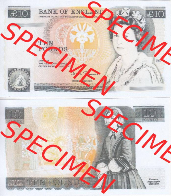 Banknoten England 1975-1992, 10 Pfund - Ten Pounds. Vorderseite und Rückseite auf einen Digitalen Bild der Banknoten von England 1948-1993, Banknoten aus Satz der Englischen Banknoten... Sammlung