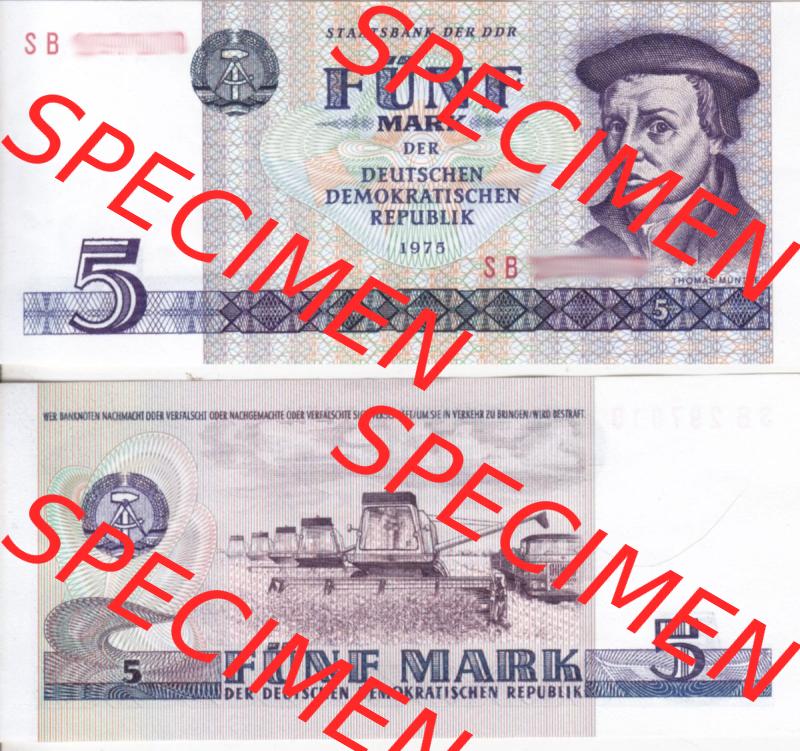 Banknote DDR 1975, 5 Mark. Vorderseite und Rückseite auf einen Digitalen Bild der DDR-Banknoten aus Komplettsatz der DDR-Banknoten im online Katalog auf EMBMV zum katalogisieren und kategorisieren. Sammlung