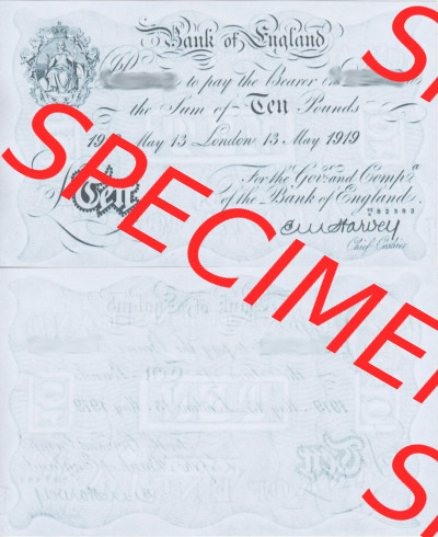 Banknoten England 1918-1925, 10 Pfund - Pounds. Vorderseite und Rückseite auf einen Digitalen Bild der Banknoten von England... Sammlung