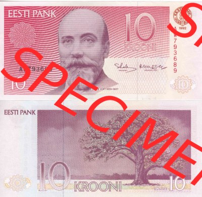 Banknoten Estland 1992, 10 Kronen. Vorderseite und Rückseite auf einen Digitalen Bild der Banknoten von Estland 1991-1992, Banknoten... Sammlung