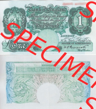 Banknoten England 1928-1948, 1 Pfund, One Pounds. Vorderseite und Rückseite auf einen Digitalen Bild der Banknoten von England... Sammlung