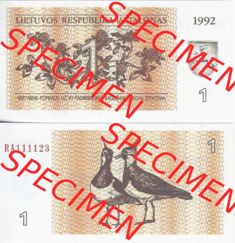 Banknoten Litauen 1992-1992, 1 Talonas. Vorderseite und Rückseite auf einen Digitalen Bild der Banknoten von Litauen 1992 und 1993, Banknoten aus Satz der Banknoten 1992 und 1993... Sammlung