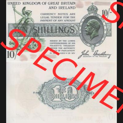 Banknoten England 1918-1918, 10 Schilling - Shillings. Vorderseite und Rückseite auf einen Digitalen Bild der Banknoten von England 1917-1948, Banknoten aus Satz der Englischen... Sammlung