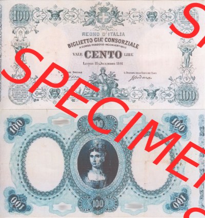 Banknoten Italien 1881-1881, 100 Lire. Vorderseite und Rückseite auf einen Digitalen Bild der Banknoten von Italien 1881, Banknoten... Sammlung