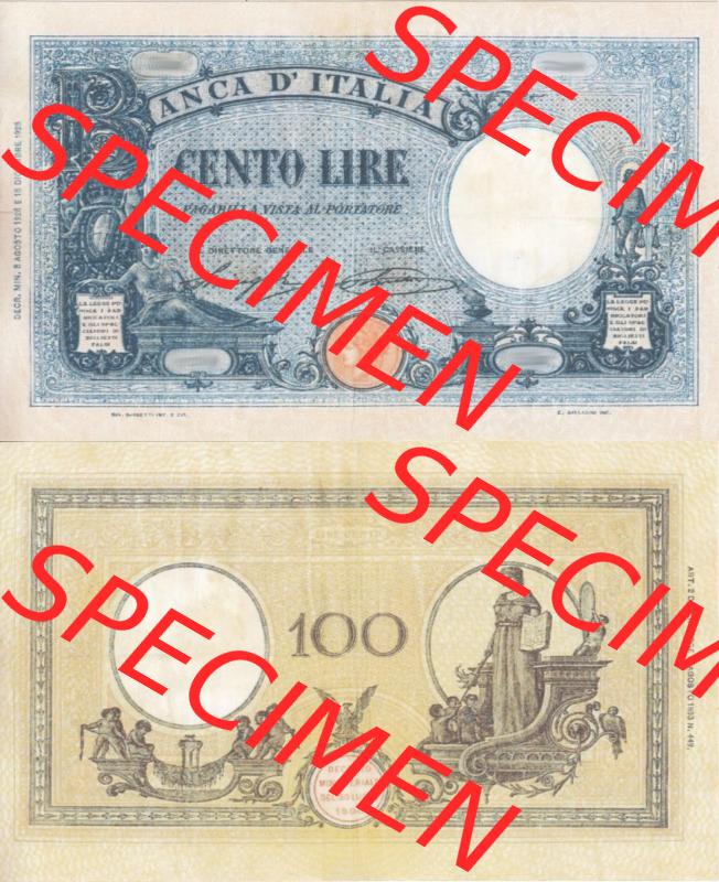 Banknoten Italien 1927-1930, Cento 100 Lire II.. Vorderseite und Rückseite auf einen Digitalen Bild der Banknoten von Italien 1926-1942, Banknoten aus Satz der Banknoten... Sammlung