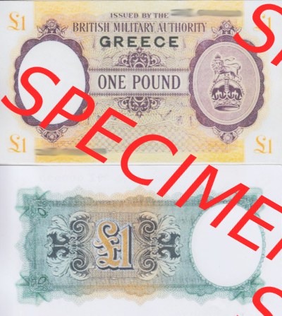Banknoten Britisches Militär 1943-1945, 1 Pfund - 1 Pound Griechenland. Vorderseite und Rückseite auf einen Digitalen Bild der... Sammlung