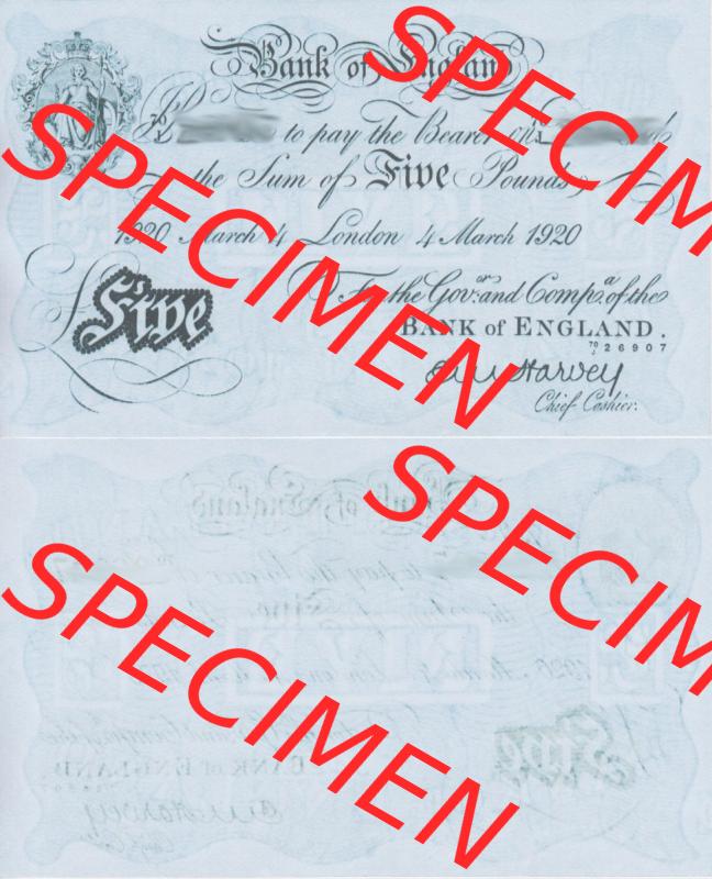 Banknoten England 1918-1925, 5 Pfund - Pounds. Vorderseite und Rückseite auf einen Digitalen Bild der Banknoten von England 1917-1948, Banknoten aus Satz der Englischen Banknoten... Sammlung