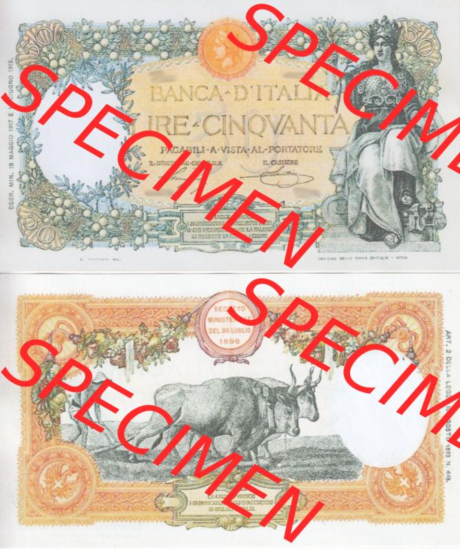 Banknoten Italien 1915-1920, Ciquvanta, 50 Lire. Vorderseite und Rückseite auf einen Digitalen Bild der Banknoten von Italien 1896-1926, Banknoten aus Satz der Banknoten 1896-1926... Sammlung
