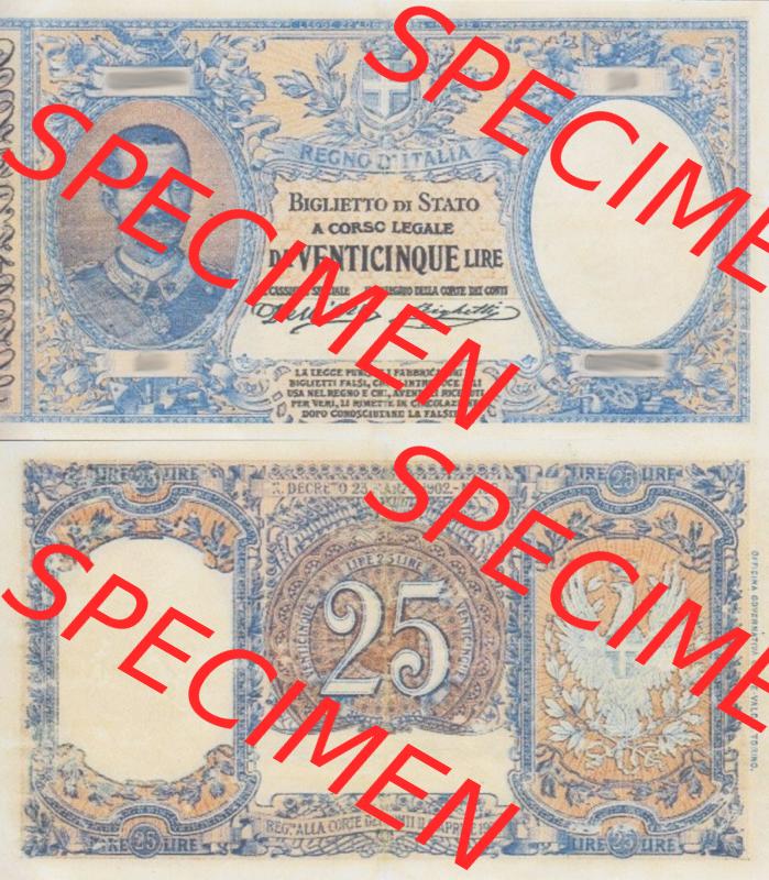 Banknoten Italien 1902-1902, 25 Lire. Vorderseite und Rückseite auf einen Digitalen Bild der Banknoten von Italien 1882-1925, Banknoten aus Satz der Banknoten 1882-1925 aus Italien... Sammlung