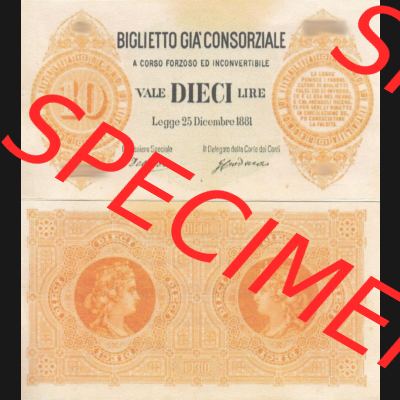Banknoten Italien 1881-1881, 10 Lire. Vorderseite und Rückseite auf einen Digitalen Bild der Banknoten von Italien 1881, Banknoten aus Satz der Banknoten 1881 aus Italien im online... Sammlung