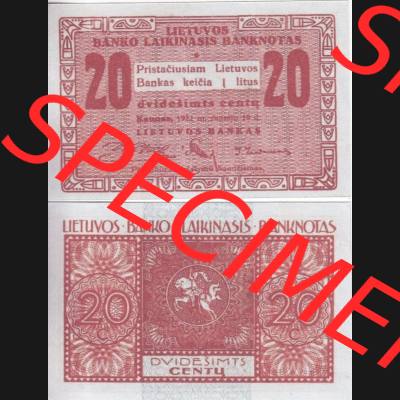 Banknoten Litauen 1922-1922, 20 dvidesimts centu. Vorderseite und Rückseite auf einen Digitalen Bild der Banknoten von Litauen 1922, Banknoten aus Satz der Banknoten Litauen 1922... Sammlung