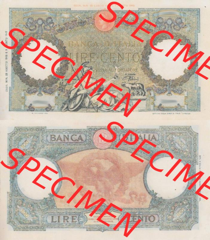 Banknoten Italien 1943-1943, Lire Cento, 100 Lire. Vorderseite und Rückseite auf einen Digitalen Bild der Banknoten von Italien 1942-1943, Banknoten aus Satz der Banknoten... Sammlung