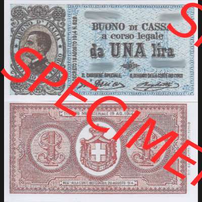 Banknoten Italien 1914-1921, 1 Lira. Vorderseite und Rückseite auf einen Digitalen Bild der Banknoten von Italien 1914-1922, Banknoten aus Satz der Banknoten 1914-1922 aus Italien... Sammlung