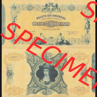 Banknoten Italien 1881-1881, 250 Lire. Vorderseite und Rückseite auf einen Digitalen Bild der Banknoten von Italien 1881, Banknoten aus Satz der Banknoten 1881 aus Italien im online... Sammlung