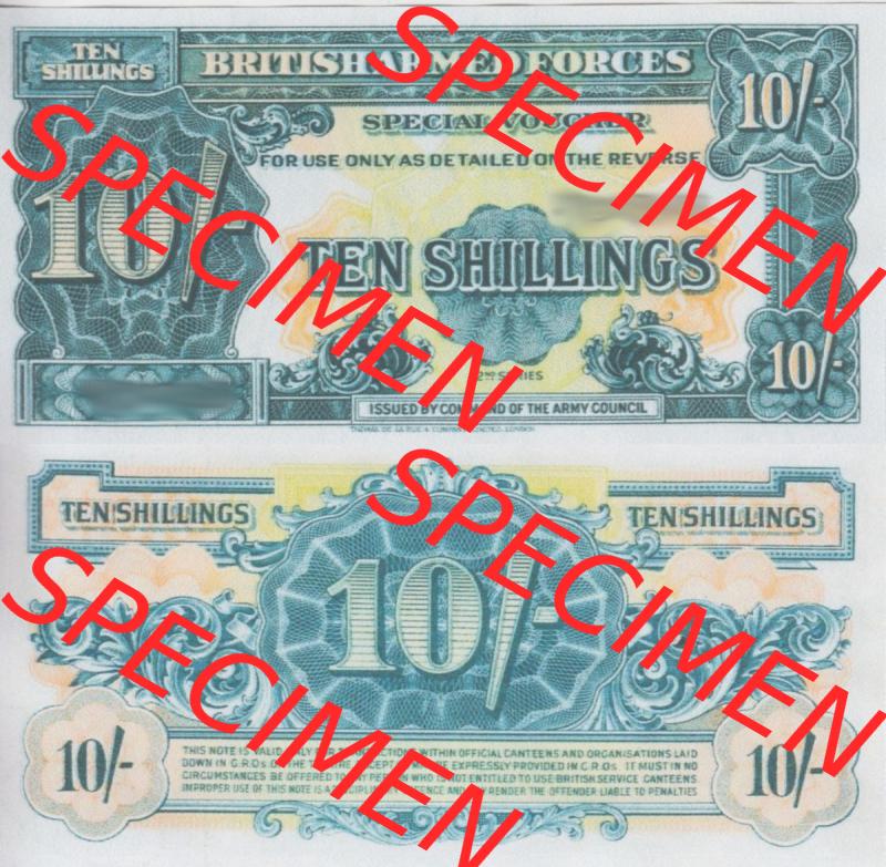 Banknoten Britisches Militär 1948-1948, 10 Schilling, Ten Shillings 2. Serie. Vorderseite und Rückseite auf einen Digitalen Bild der Banknoten vom Britisches Militär... Sammlung
