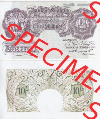 Banknoten England 1948-1960, 10 Schilling - Ten Shillings. Vorderseite und Rückseite auf einen Digitalen Bild der Banknoten von... Sammlung