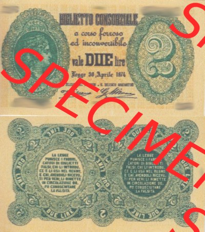 Banknoten Italien 1874-1874, vale DUE Lire, 2 Lire I.. Vorderseite und Rückseite auf einen Digitalen Bild der Banknoten von Italien... Sammlung