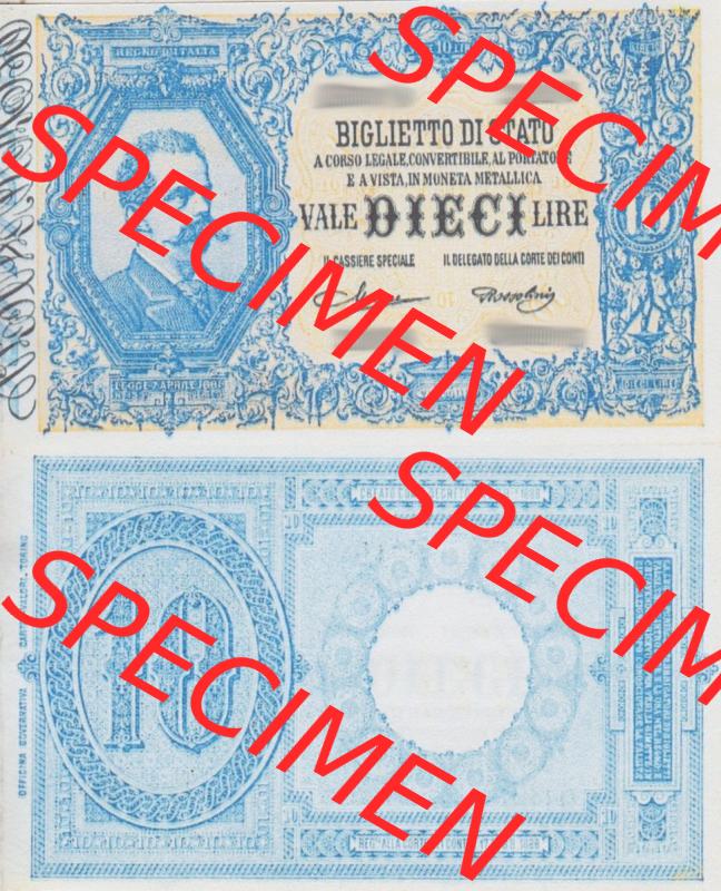 Banknoten Italien 1888-1925, 10 Lire. Vorderseite und Rückseite auf einen Digitalen Bild der Banknoten von Italien 1882-1925, Banknoten aus Satz der Banknoten 1882-1925 aus Italien... Sammlung