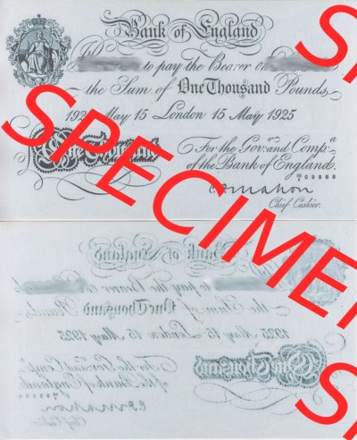 Banknoten England 1925-1929, 1000 Pfund - 1000 Pounds. Vorderseite und Rückseite auf einen Digitalen Bild der Banknoten von England... Sammlung